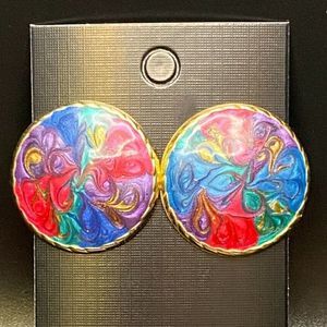 Earrings Gold Tone and Pink Purple Blue and Teal Enamel Swirl VINTAGE
